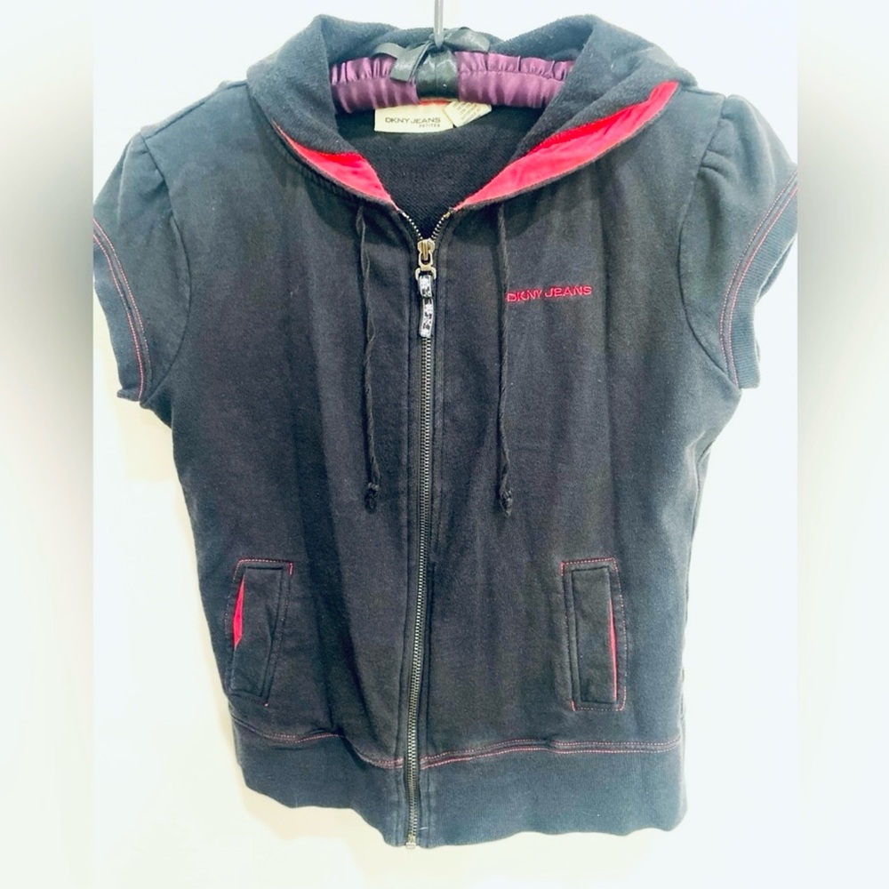 DKNY JEANS Vintage Y2K Dusty Black & Pink Short Sleeve Zipper Hoodie Pockets Med